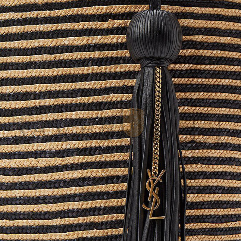 YSL SAINT LAURENT STRIPED TOTE IN RAFFIA AND LEATHER 600308 (30*28*15cm)